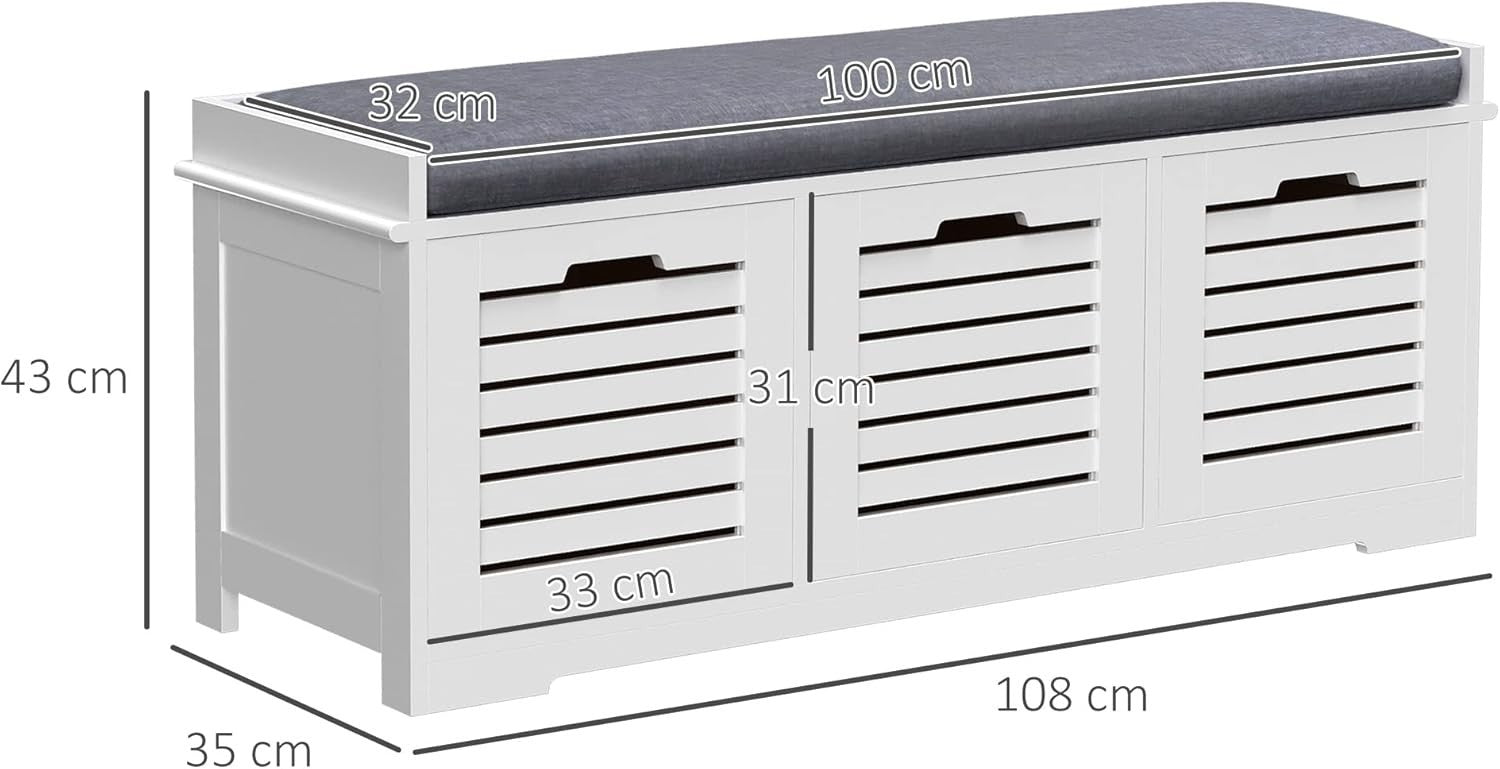 Shoe Storage Bench with 3 Drawers & Removable Cushion – Grey Hallway Seat