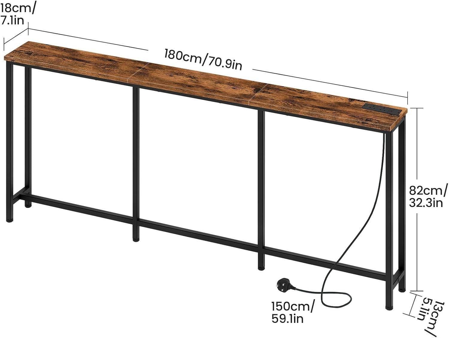 Slim Narrow Console Table with Power Outlet & USB Ports, 180x18x82 cm