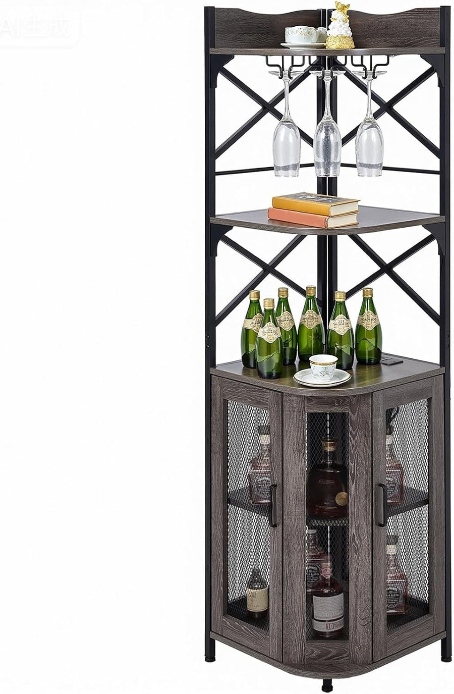 Corner Wine Rack with LED Lights & Power Socket, 5-Tier Drinks Cabinet Bar Unit