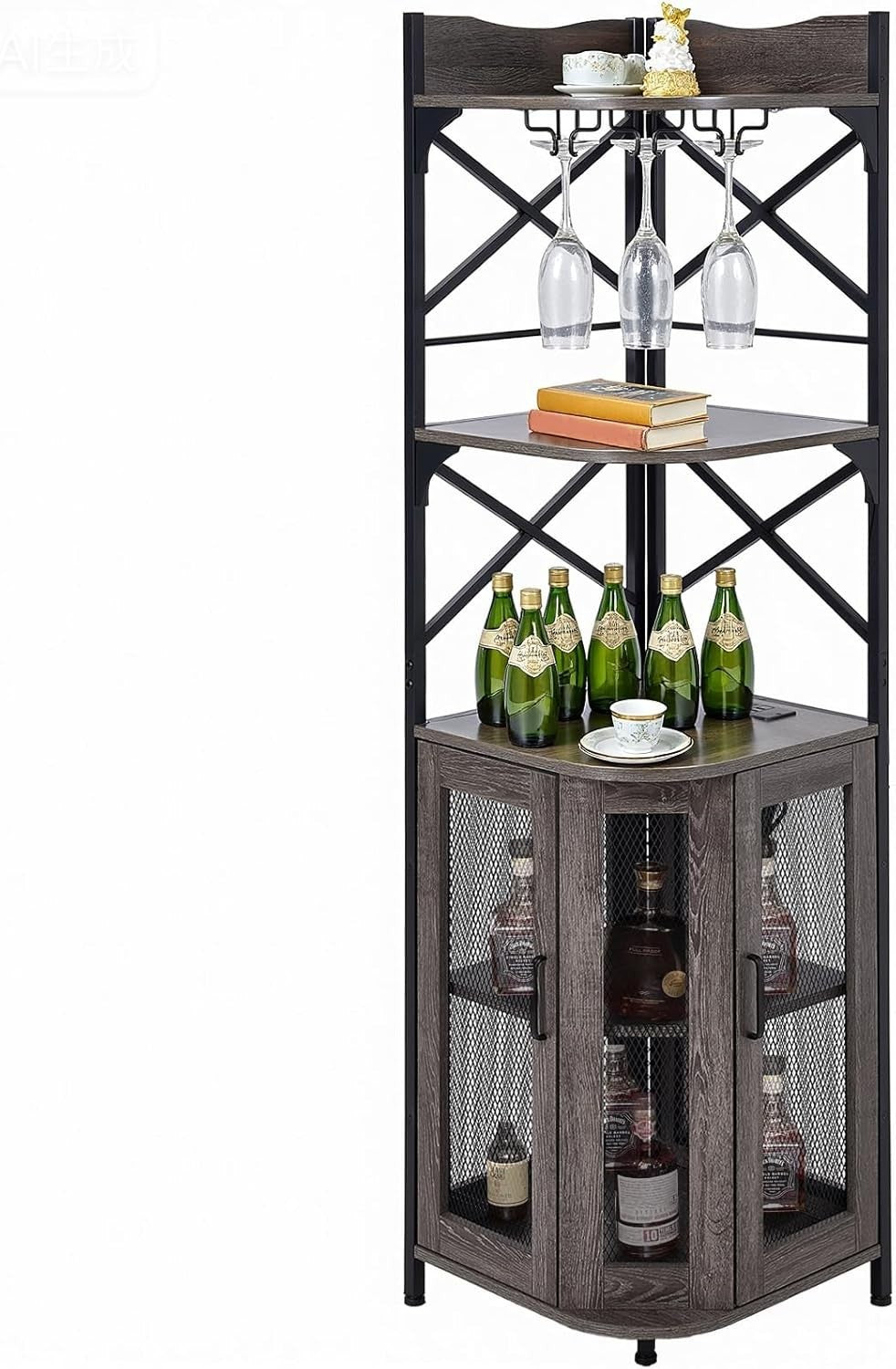 Corner Wine Rack with LED Lights & Power Socket, 5-Tier Drinks Cabinet Bar Unit