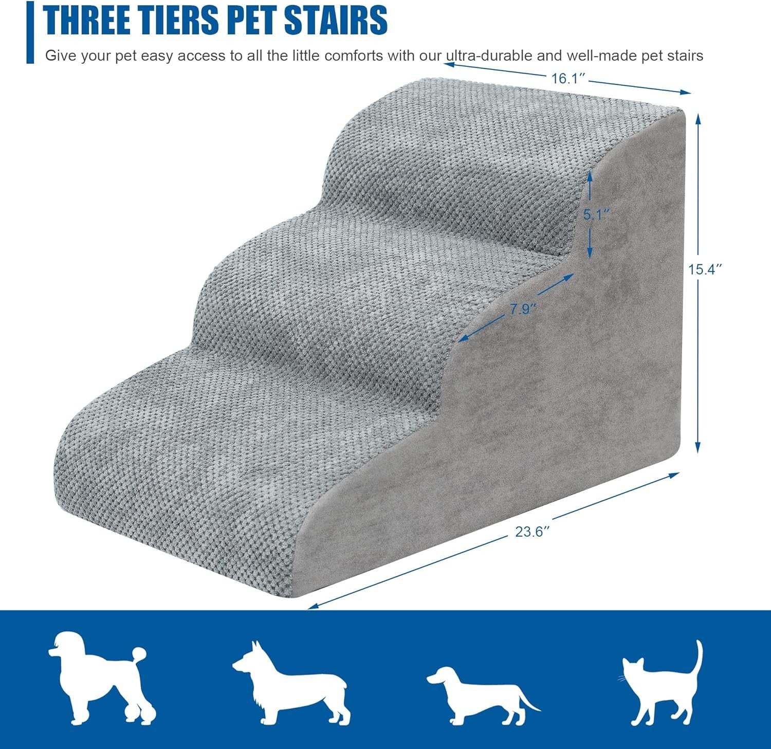 Dog Stairs 3 Step Extra Wide Foam Pet Ramp Non Slip Grey