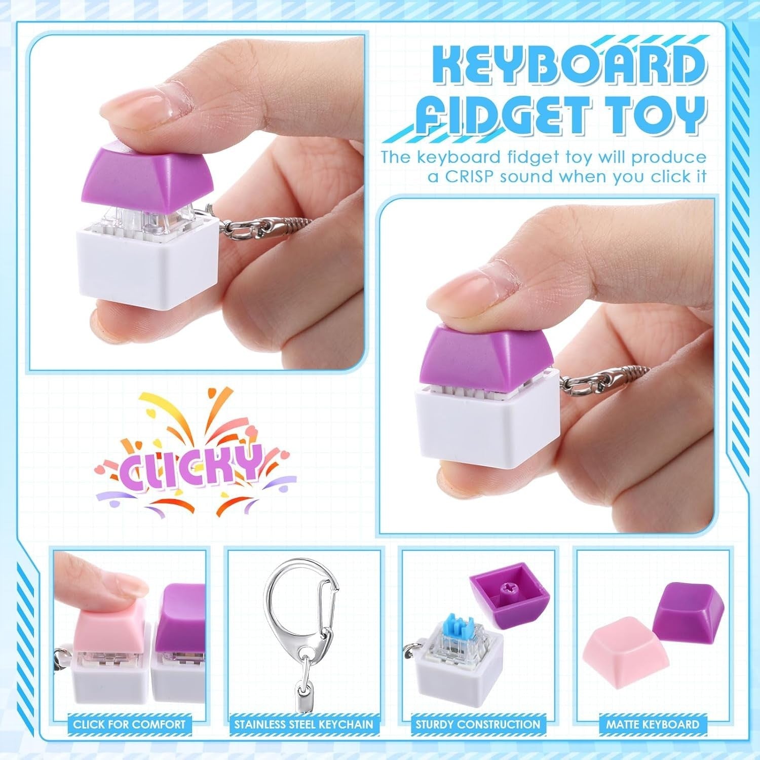 24pcs Keyboard Clicker Fidget Keychain Mechanical Stress Relief Toy