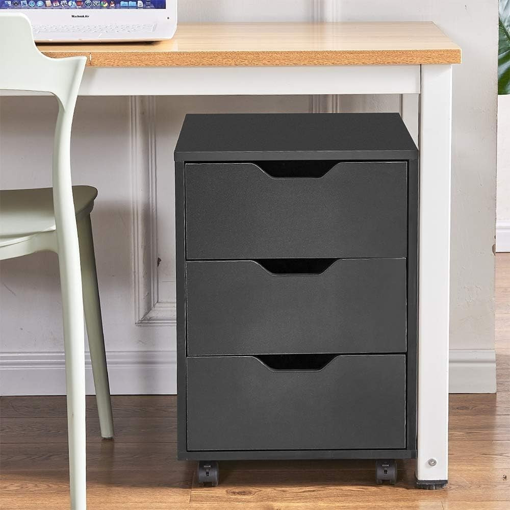 Black Mobile Filing Cabinet 3 Drawer A4 Under Desk Storage on Wheels