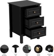 Black Wooden Bedside Tables Set of 2 – 3 Drawer Nightstand