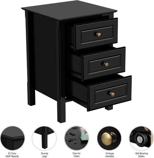 Black Wooden Bedside Tables Set of 2 – 3 Drawer Nightstand