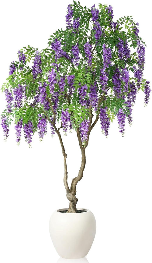 8ft Artificial Wisteria Tree in White Planter Faux Blooming Purple Indoor Decor