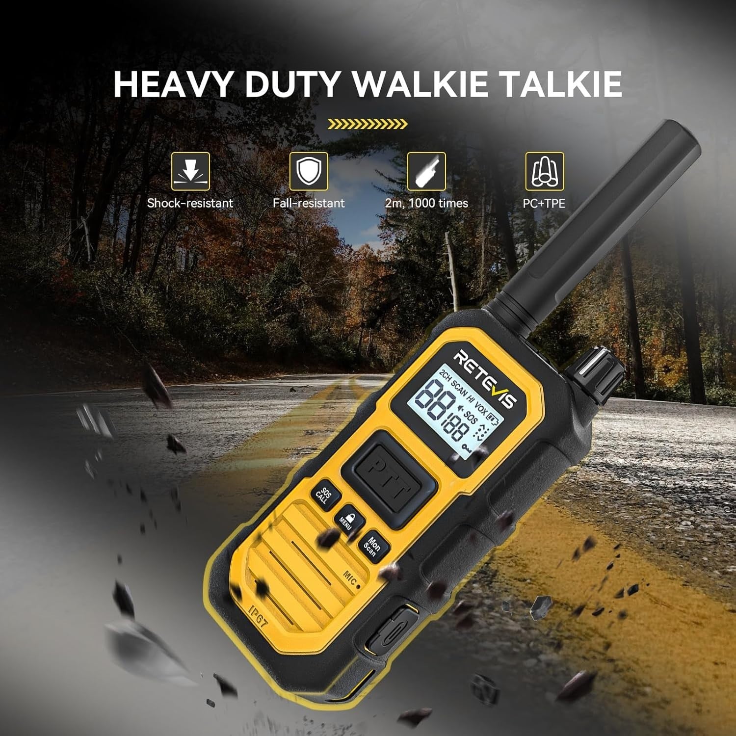 IP67 Waterproof Walkie Talkies 2 Pack 2000mAh SOS Long Range Radio