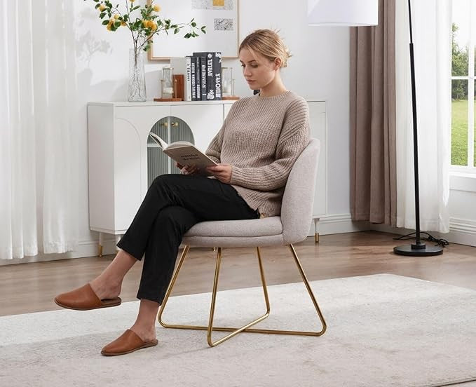 Chenille Accent Armchair Cocktail Chair Gold Metal Legs Beige