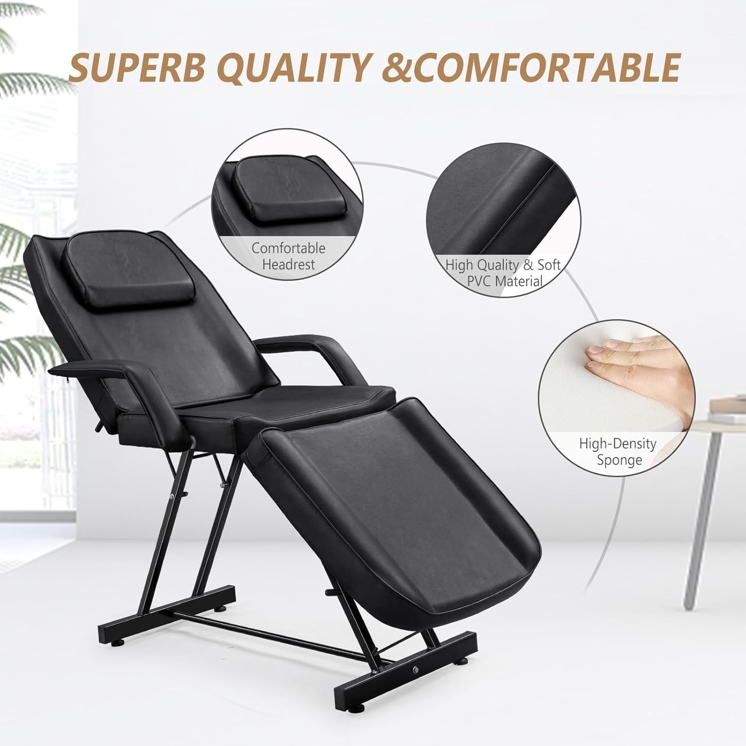 Adjustable 3-Section Massage Table with Stool Spa Facial Tattoo Beauty Bed Black
