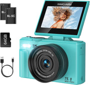 5K 75MP Vlogging Camera WiFi Flip Screen Zoom Camera Blue 64GB
