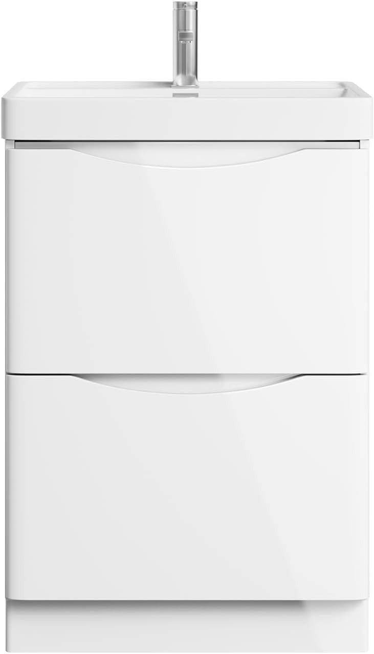 600mm Floor Standing Vanity Unit White Gloss Resin Basin Compact Bathroom Cabine