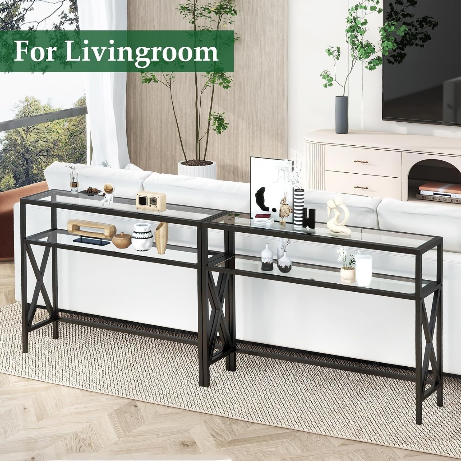 Tempered Glass Console Table Industrial Entryway with Shelves & Adjustable Feet