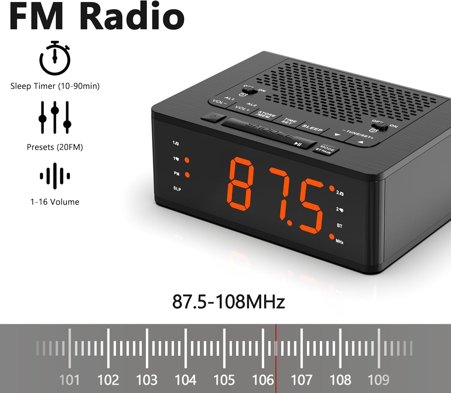 Digital Alarm Clock FM Radio Bluetooth Dimmable LED Dual Alarm