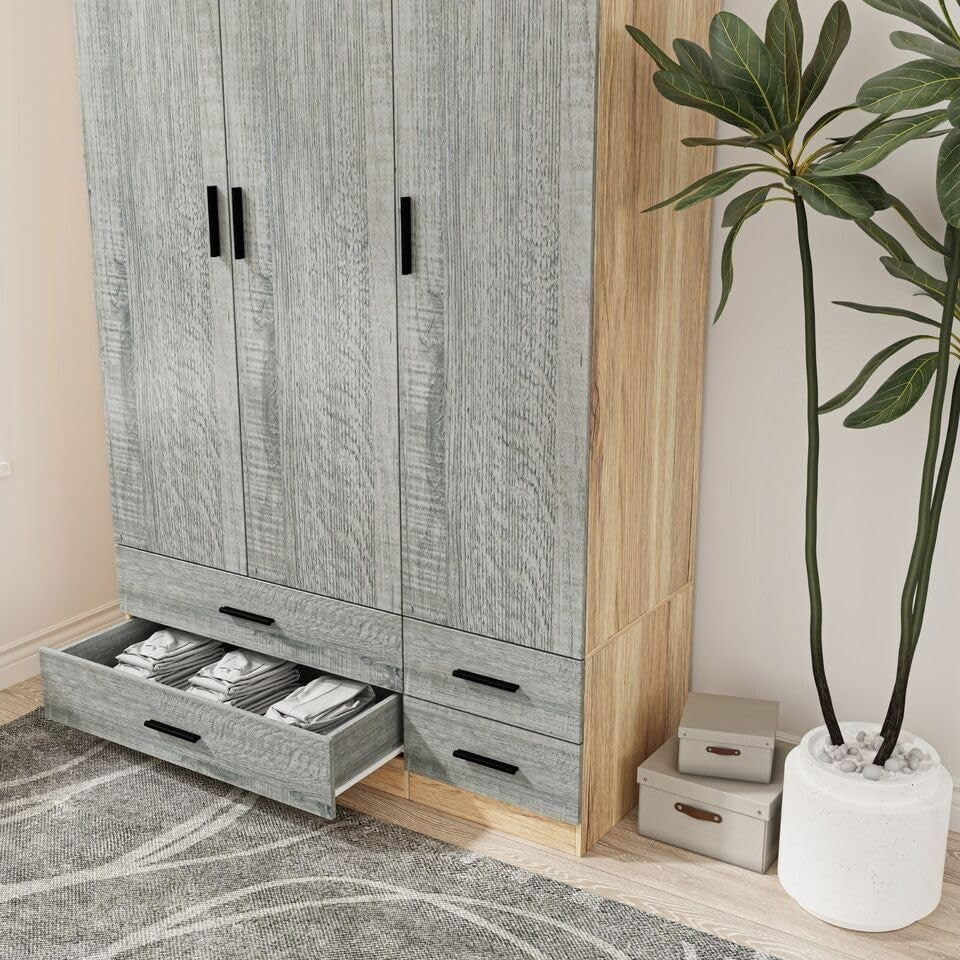 Oak & Ash Grey Wardrobe 3 Door 4 Drawer Storage Modern Bedroom Closet