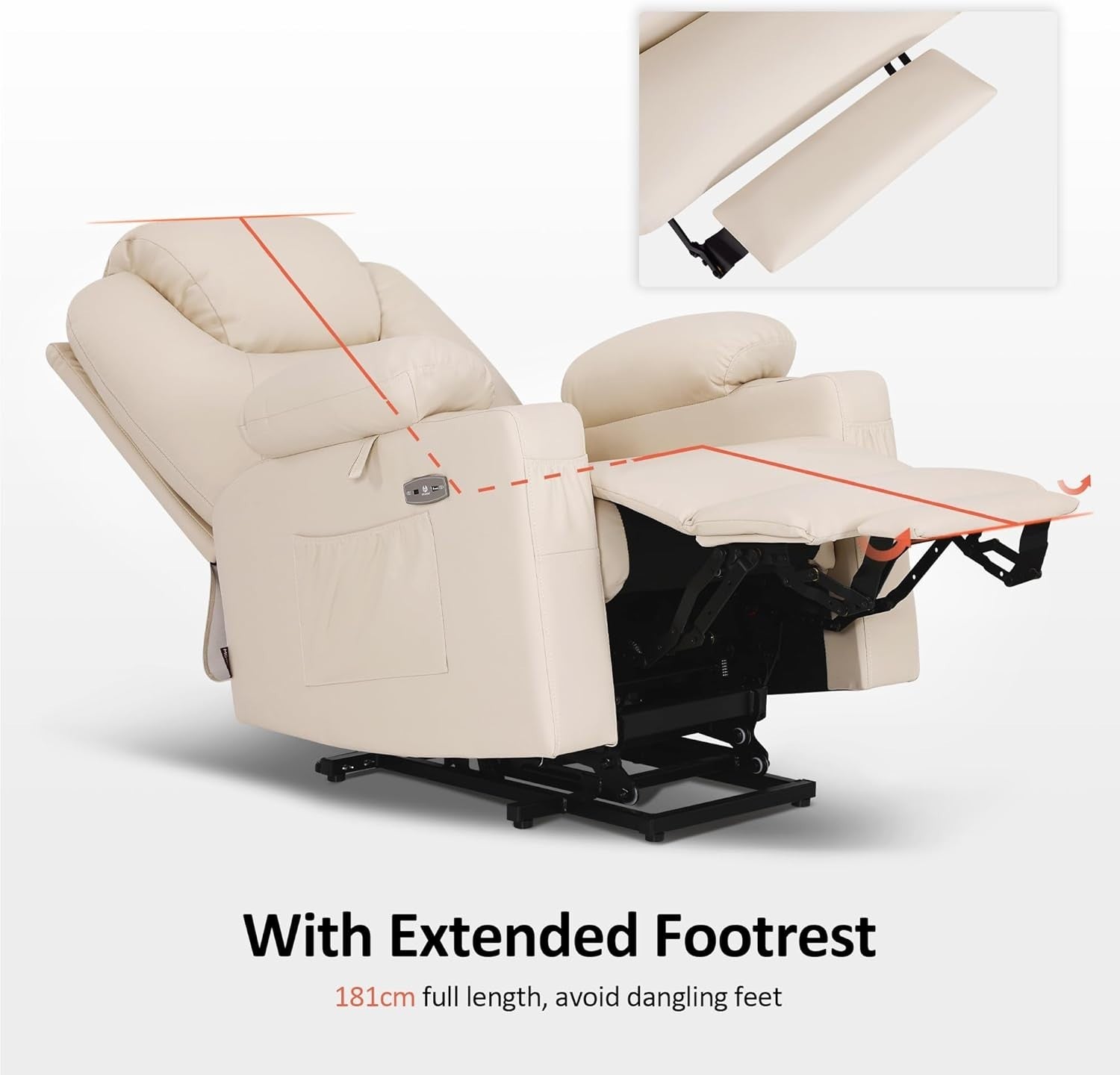 Cream Riser Recliner Chair Lift Assist Heated Massage USB Faux Leather