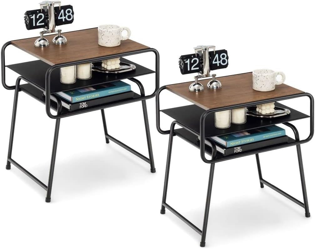 3-Tier Modern Side Table | Metal Frame Sofa End Table with Storage Shelves 40×51