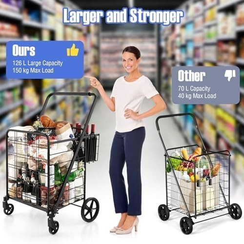 126L Foldable Shopping Trolley Cart – Heavy-Duty Metal, Waterproof, Black