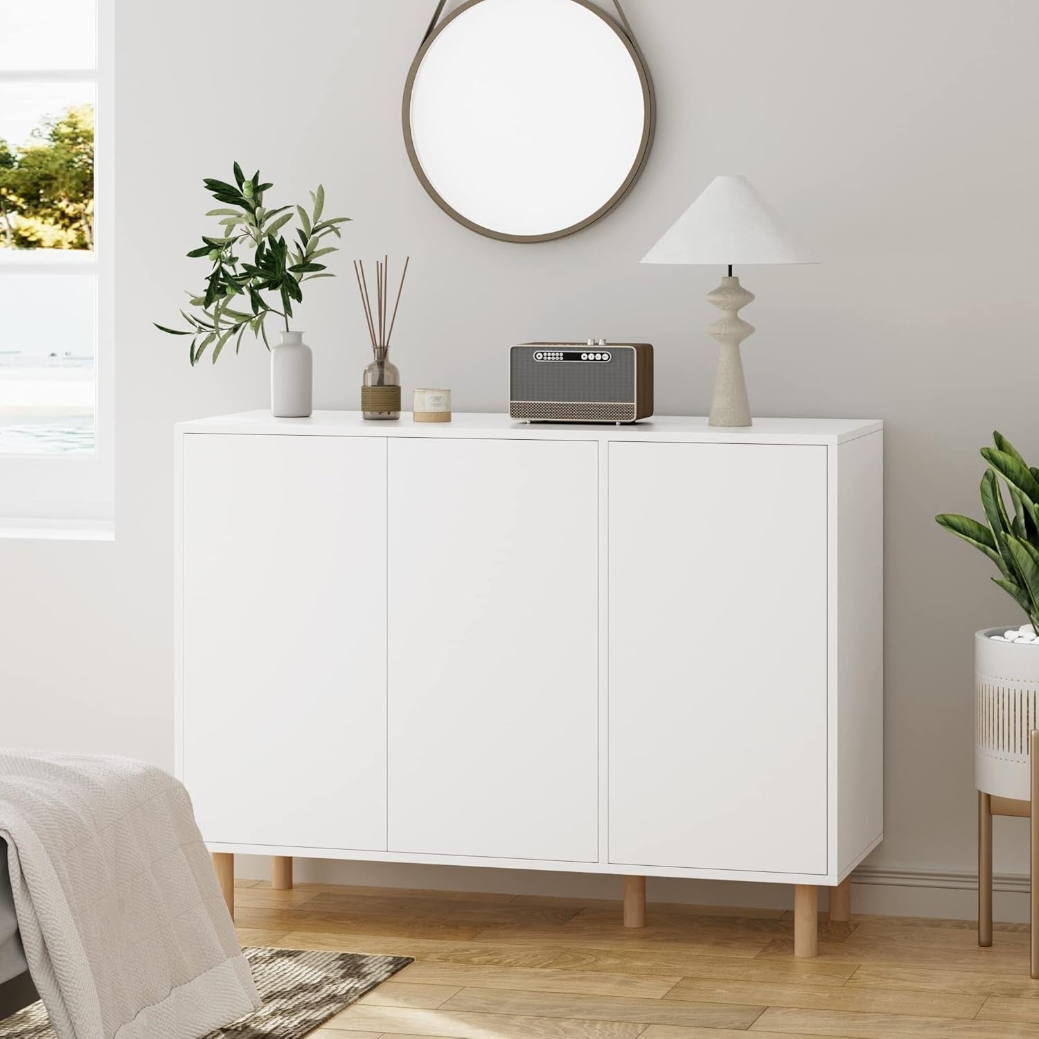 White Sideboard Cabinet 3 Door Storage Unit Adjustable Shelves 107cm Wide