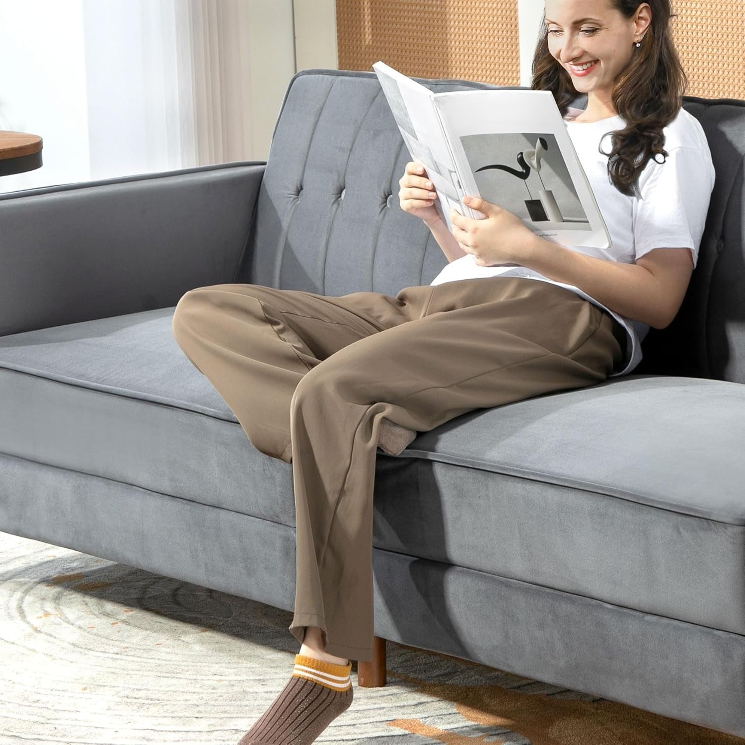 Dark Gray Velvet 3 Seater Sofa Bed Click Clack Recliner Couch Guest Sleeper