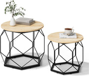 Round Coffee Tables Set of 2 – Sturdy Metal Frame, Light Oak Shelves, 40 & 50cm