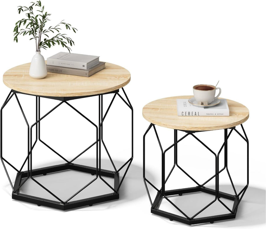 Round Coffee Tables Set of 2 – Sturdy Metal Frame, Light Oak Shelves, 40 & 50cm