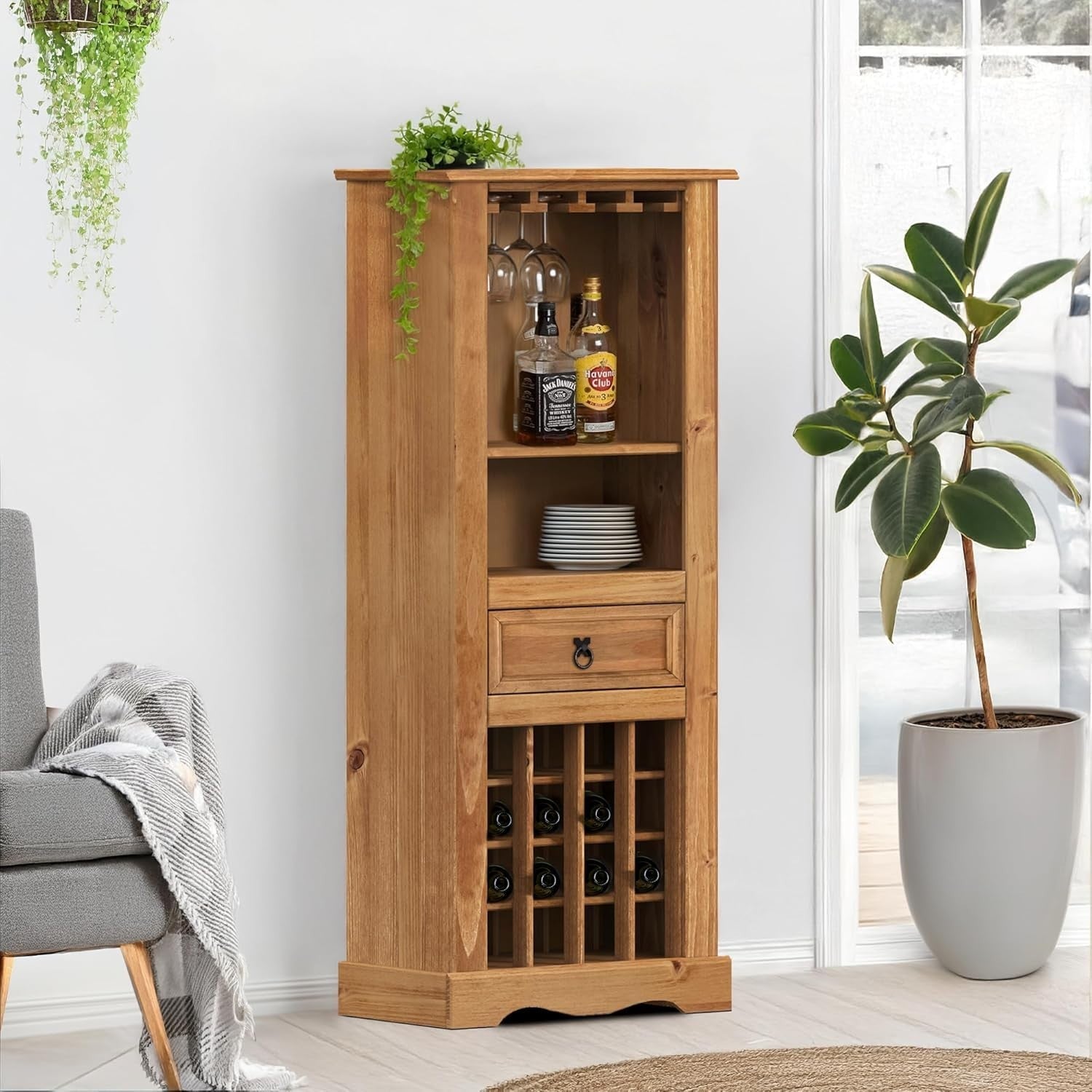 Solid Pine Wine Rack Cabinet with Drawer & Glass Holder Rustic Home Bar
