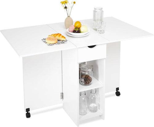 Folding Drop Leaf Dining Table w/ Wheels, Storage & Drawer for Small Space