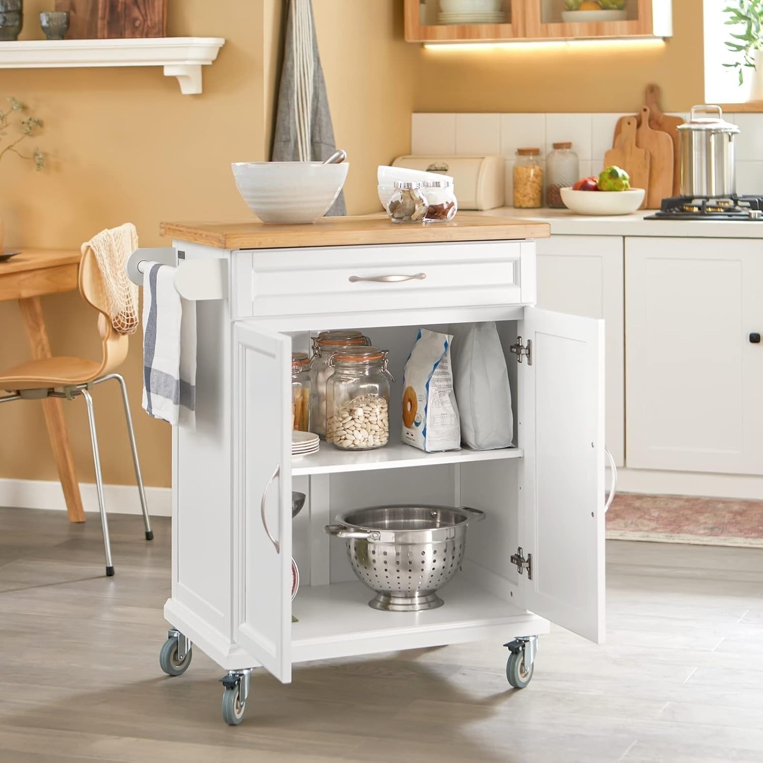 White Kitchen Trolley Bamboo Worktop Storage Cabinet Cart