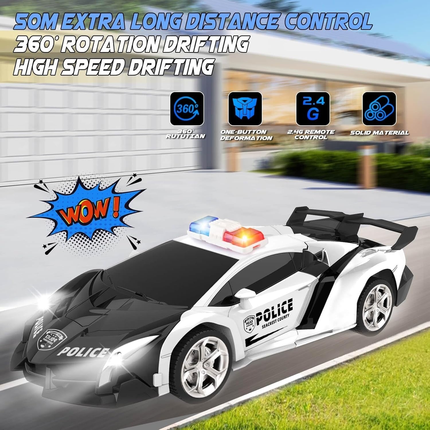 2-in-1 RC Police Car Robot Transforming 360° Spin Toy for Boys Age 3–8