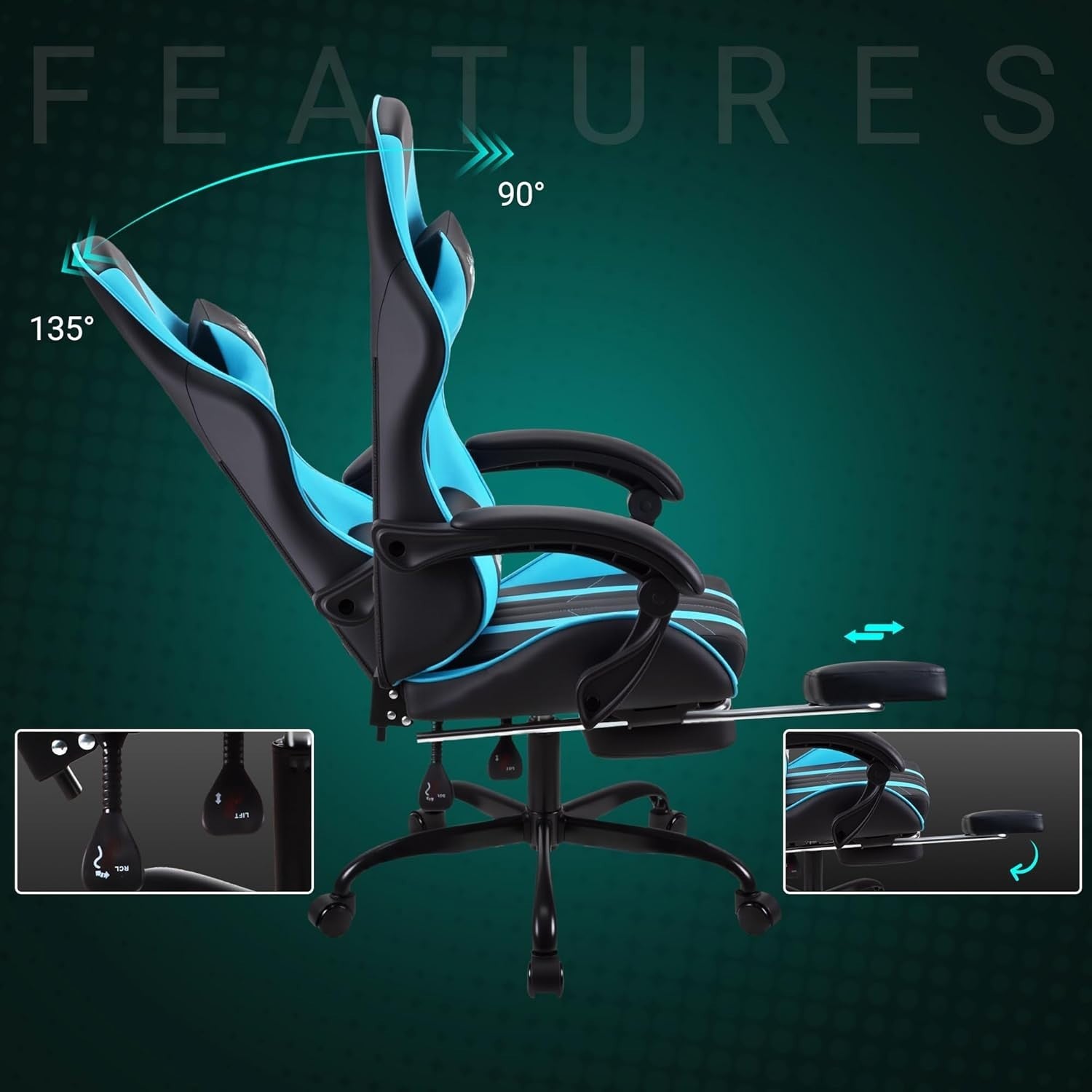 Ergonomic Gaming Chair Office Desk Chair Retractable Footrest Cyan PU Leather