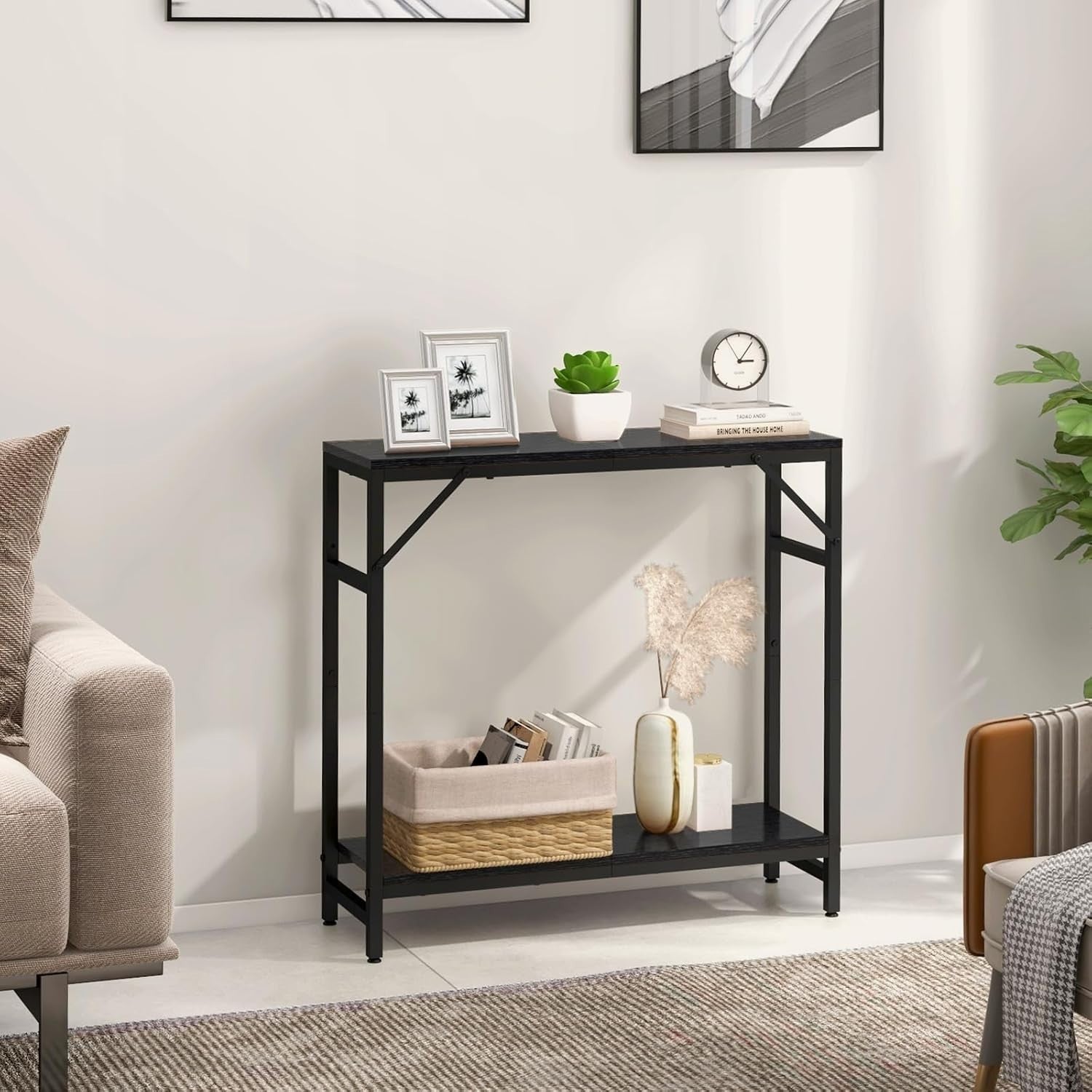 Slim 2-Tier Console Table with Storage Shelf & Support Bars for Hallway