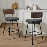 Grey Wood Back Swivel Bar Stools Set of 2 | PU Leather Counter Chairs