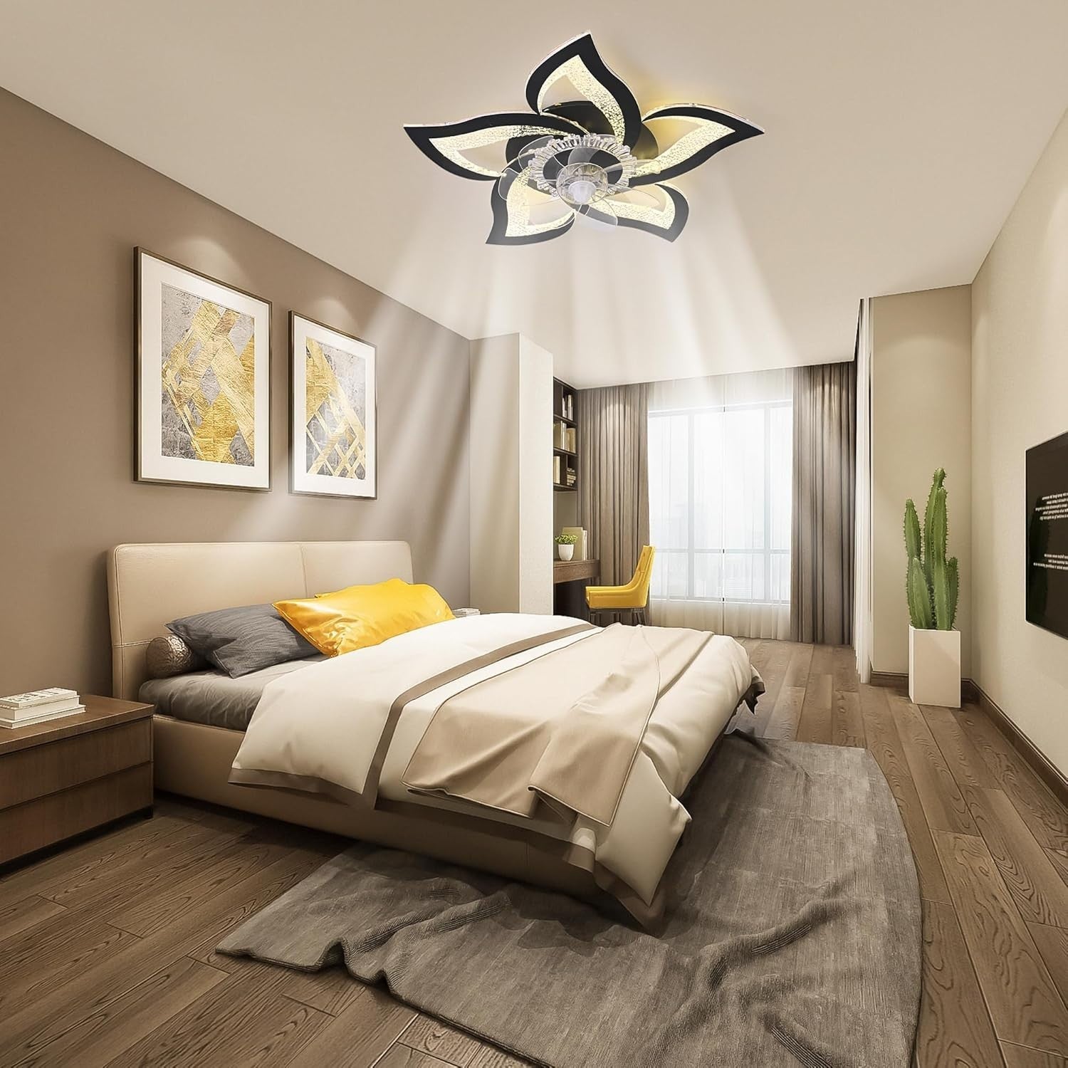 62.5CM Ceiling Fan Light, 6 Speeds, Dimmable LED, Remote, Memory, Black Flower