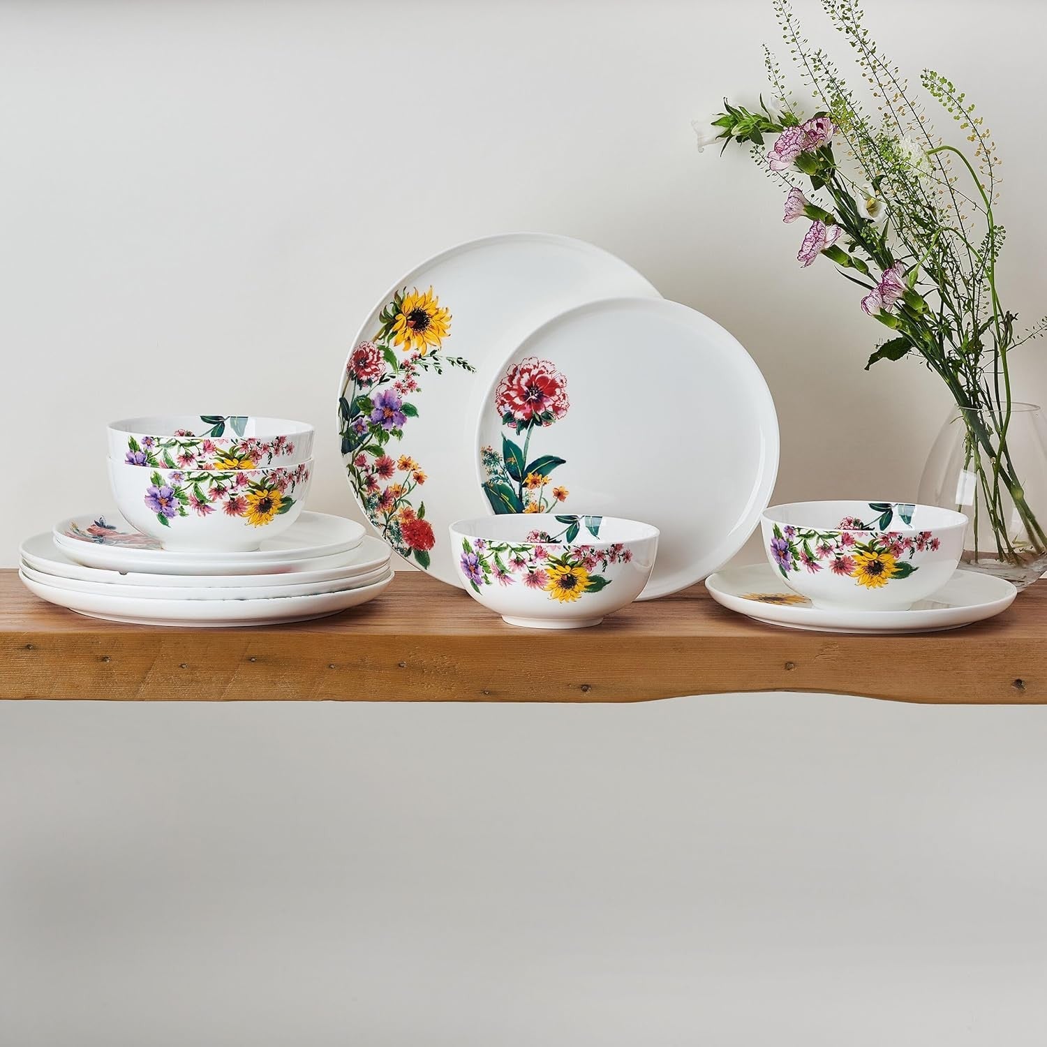Floral Bone China Dinnerware Set 12 Piece Chip Resistant Plates