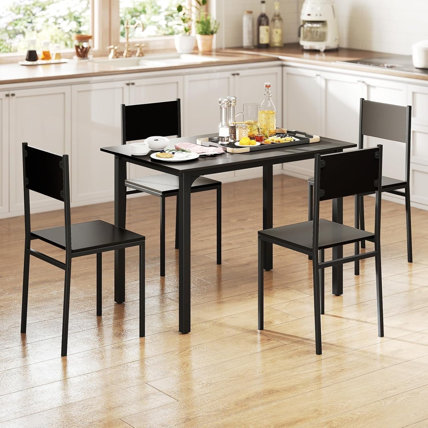 4 Seater Dining Table Set Space Saving Metal Frame Kitchen Room Black