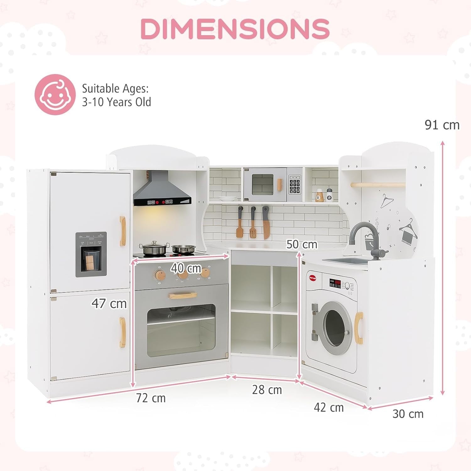 Kids Corner Play Kitchen Wooden Toy Set Light Sound Ice Dispenser White