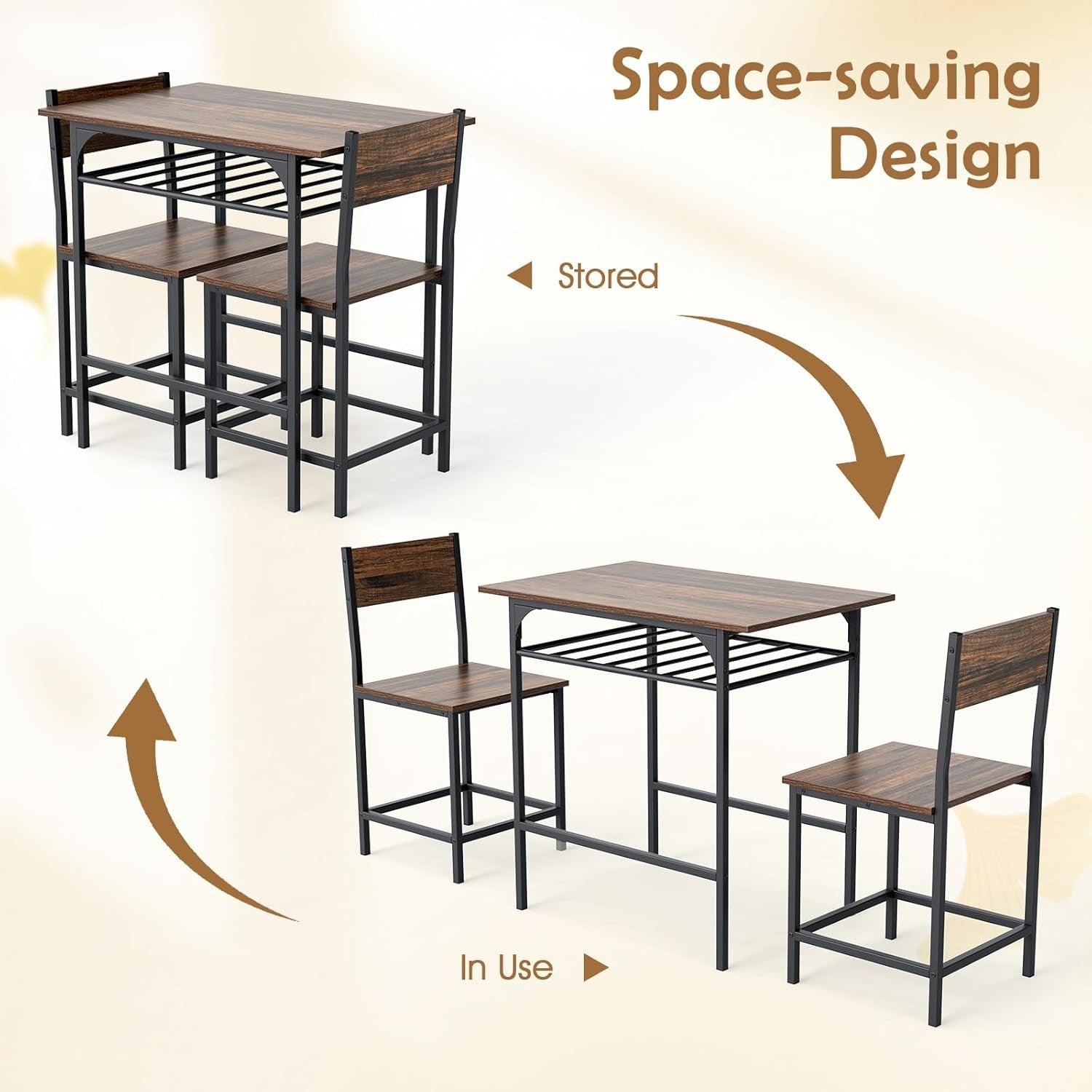 Dining Table Set Storage Rack & 2 Stools, Rustic Brown Space Saving Kitchen Set