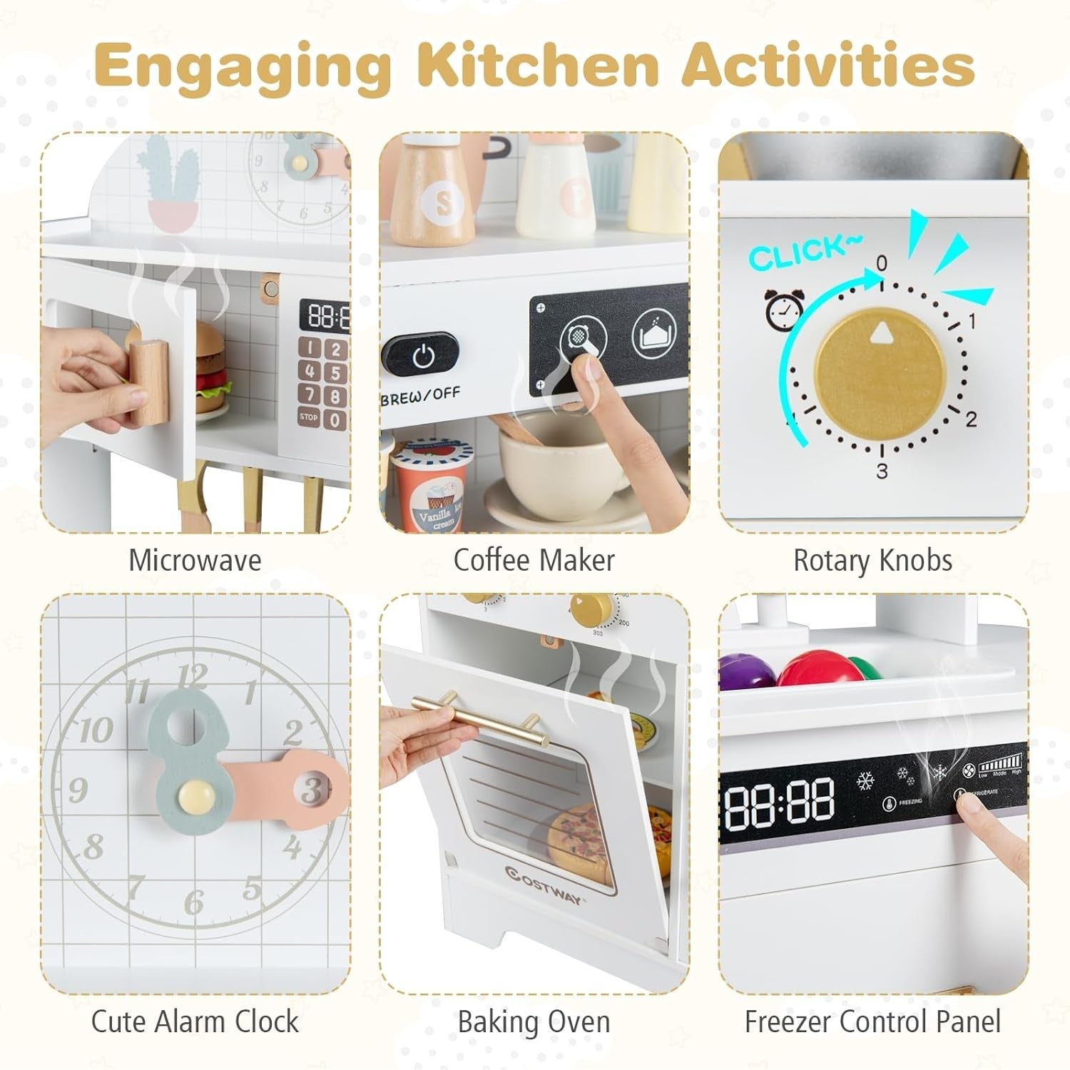 Wooden Kids Play Kitchen White Coffee Maker Oven 17PCS Toy Set
