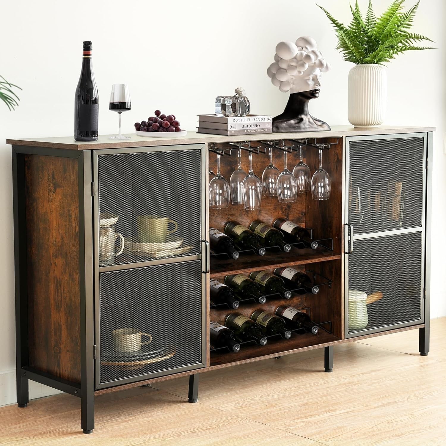Industrial Wine Bar Cabinet with Glass Holder, Bottle Rack & Storage Sideboard