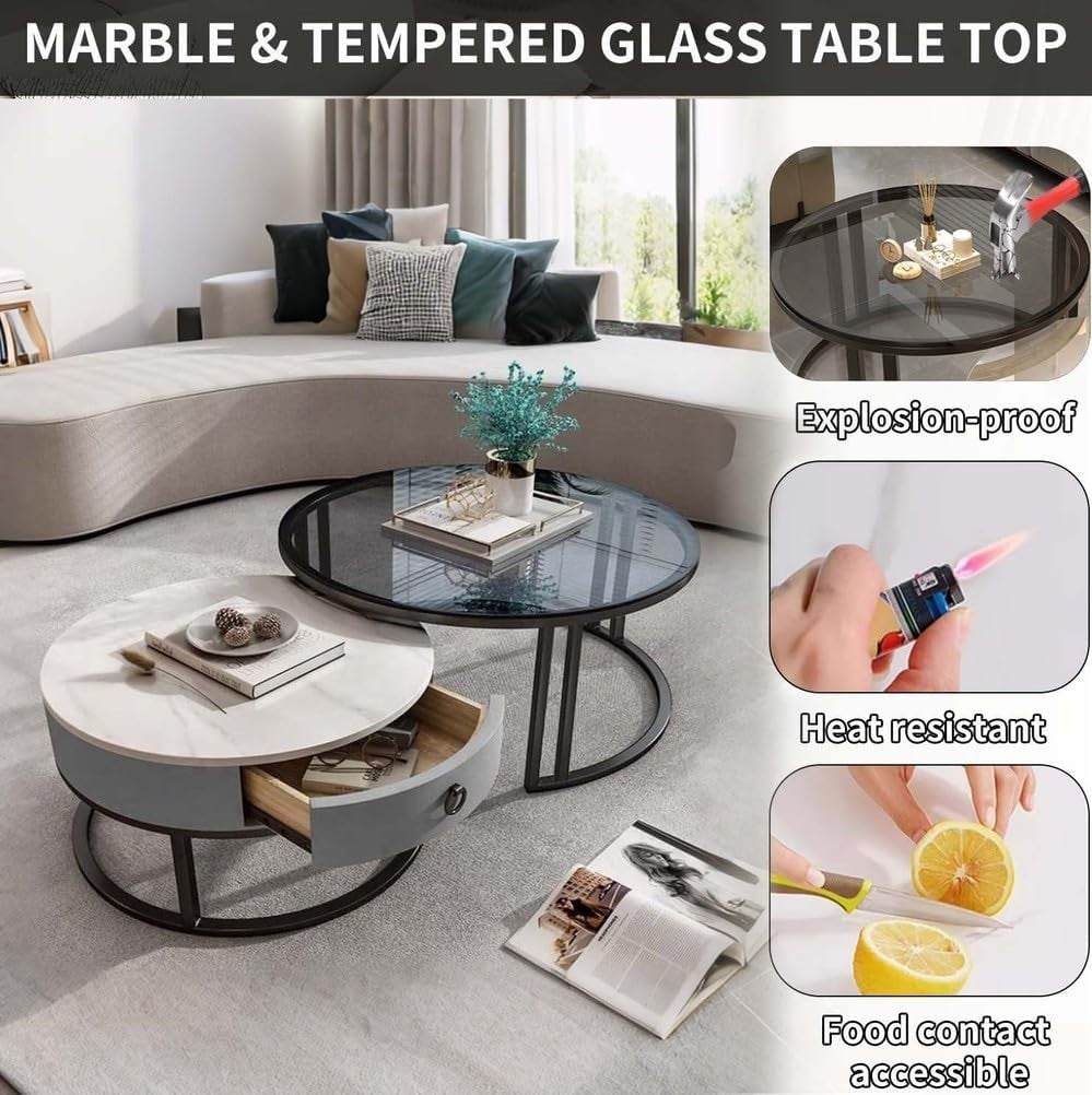 Nesting Coffee Table Set of 2 – Round Storage Tables with Metal Frame