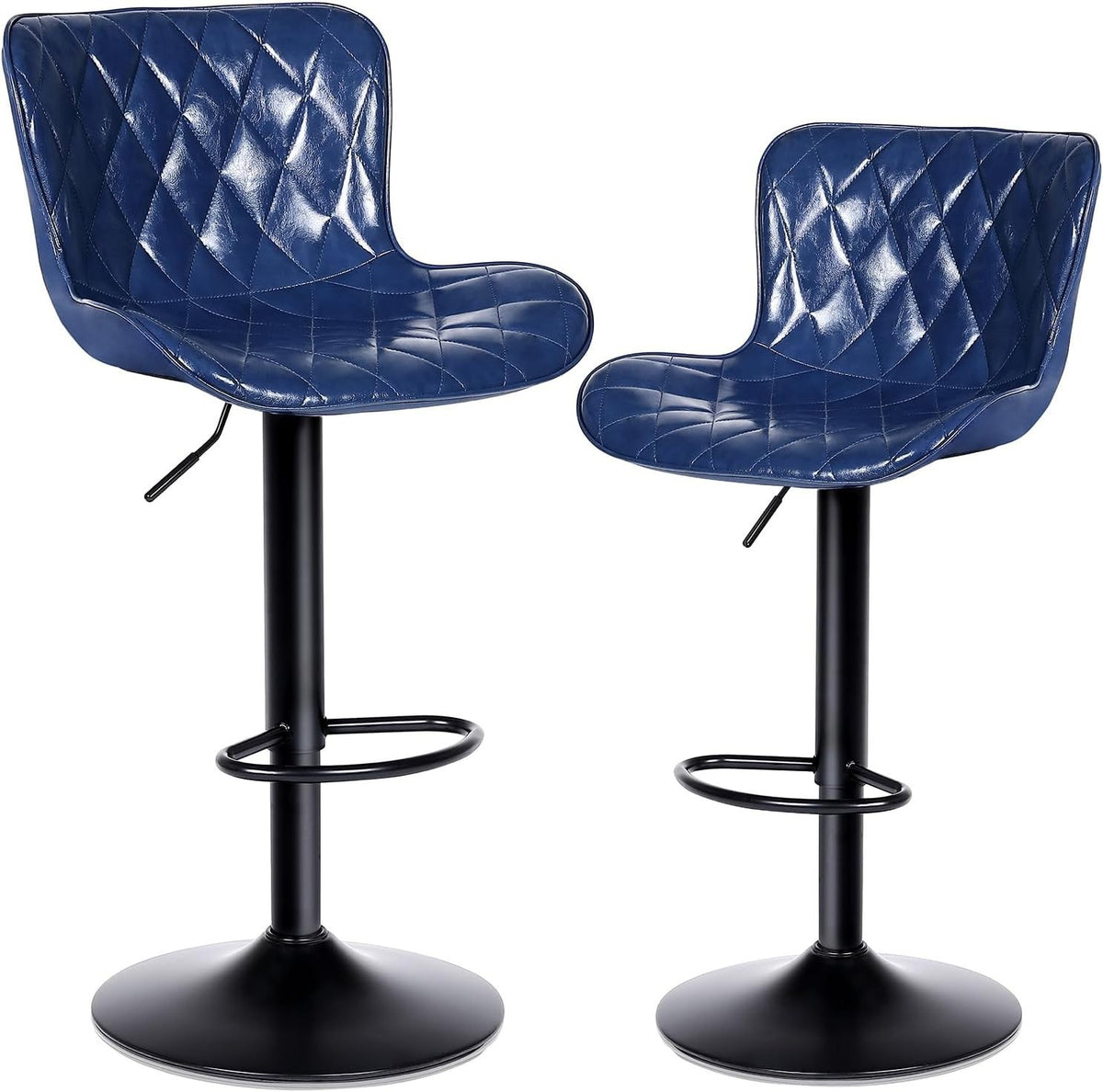 Blue Bar Stools Set of 2 | Faux Leather Seat, Adjustable Swivel, Footrest