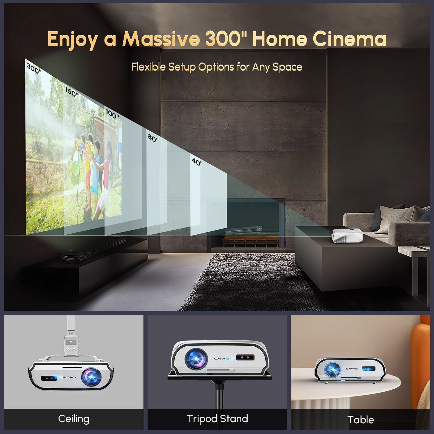 4K Home Theater Projector 1400 ANSI Lumens Smart WiFi Bluetooth 300"