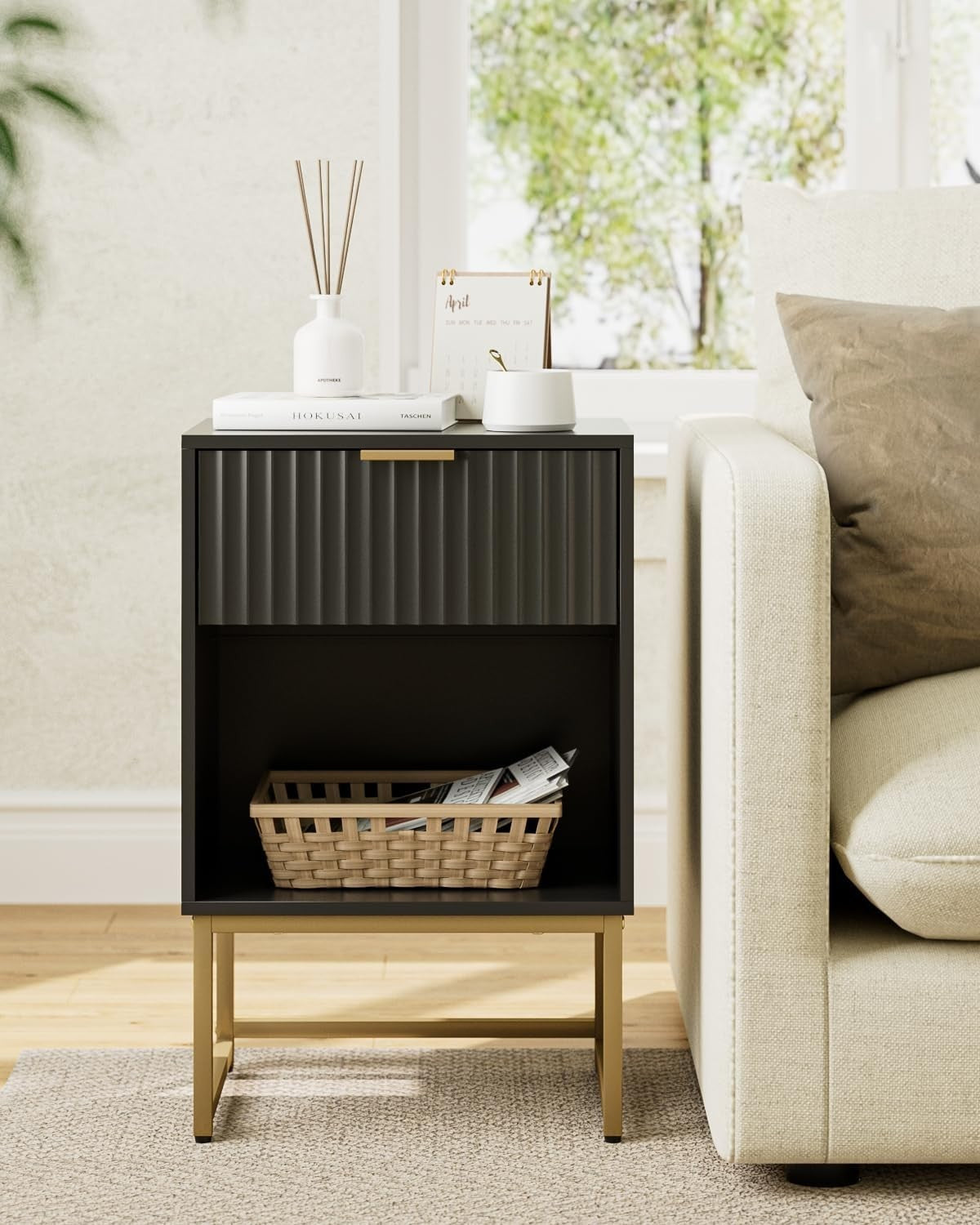 Modern Black Fluted Bedside Table with Drawer & Shelf – Gold Metal Legs