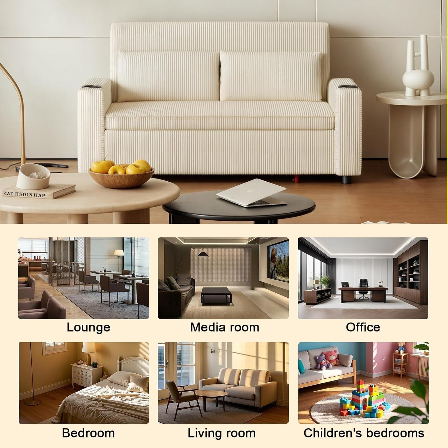 2 Seater Pull Out Sofa Bed with Storage Beige Sleeper Couch for Small Rooms