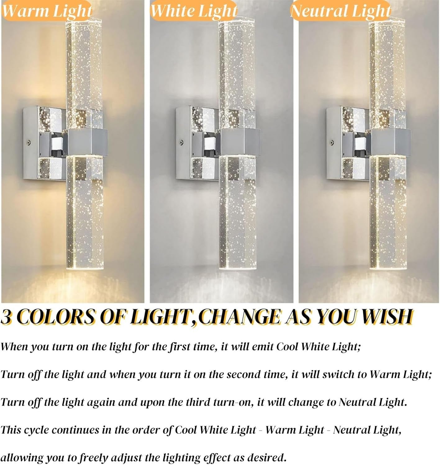 Crystal LED Wall Sconce Silver | Tri-Color Modern Light for Bedroom & Hall