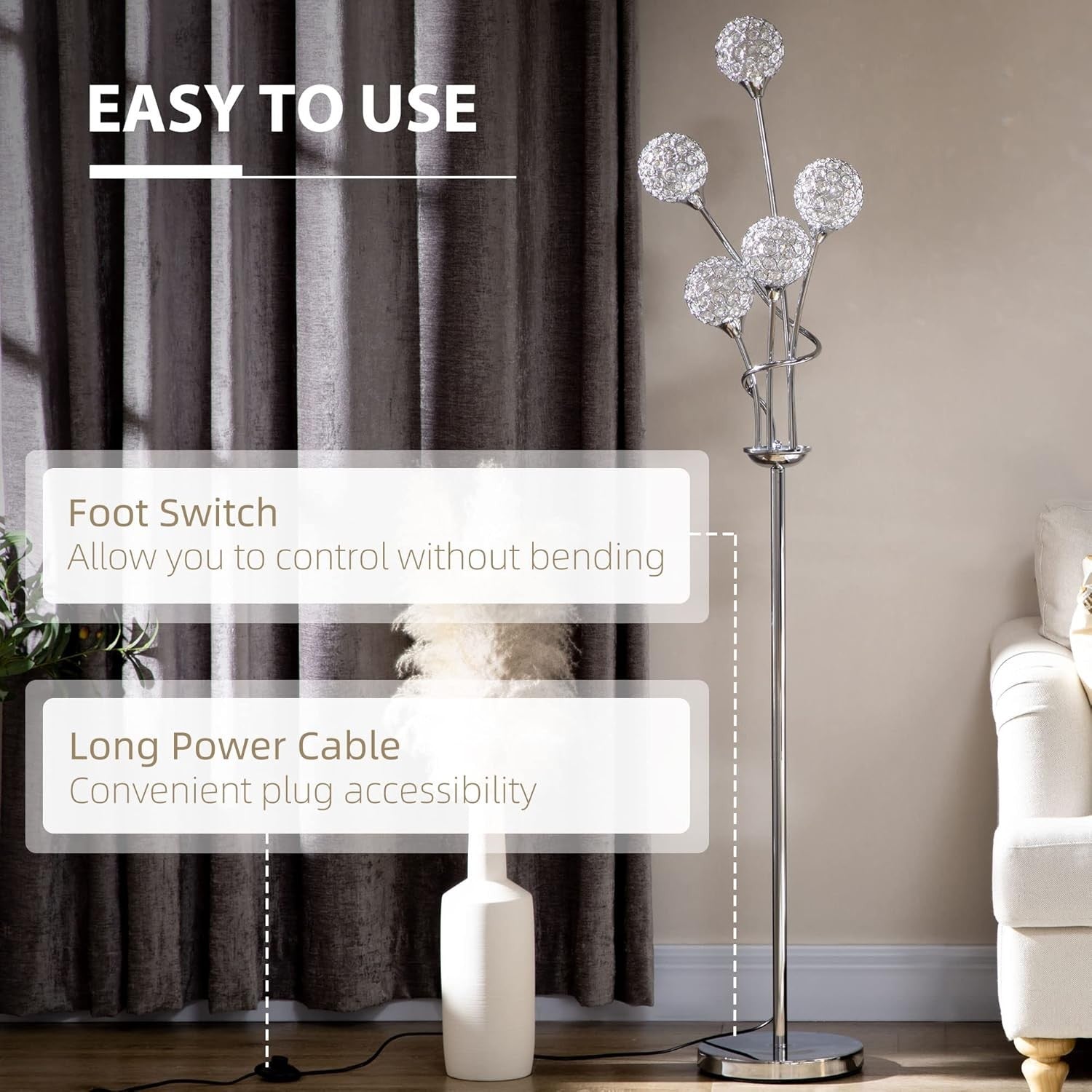 5 Light Floor Lamp Silver Standing Modern Crystal Shade Living Room Bedroom