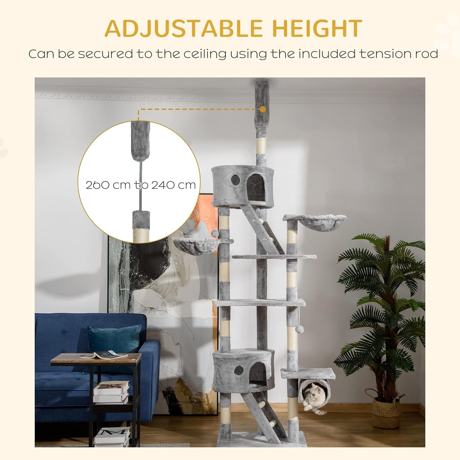 Floor to Ceiling Cat  260cm Adjustable Tower with Hammocks Scratching Posts