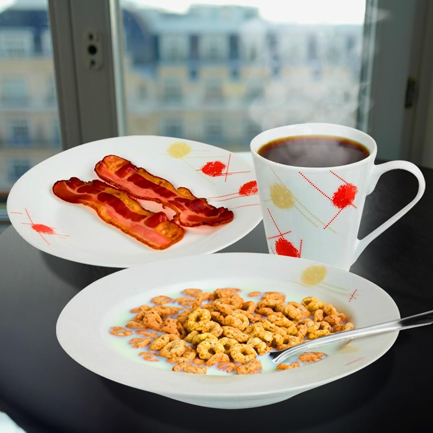 16pc Porcelain Dinner Set Plates Bowls Mugs Cream Red Microwave Safe