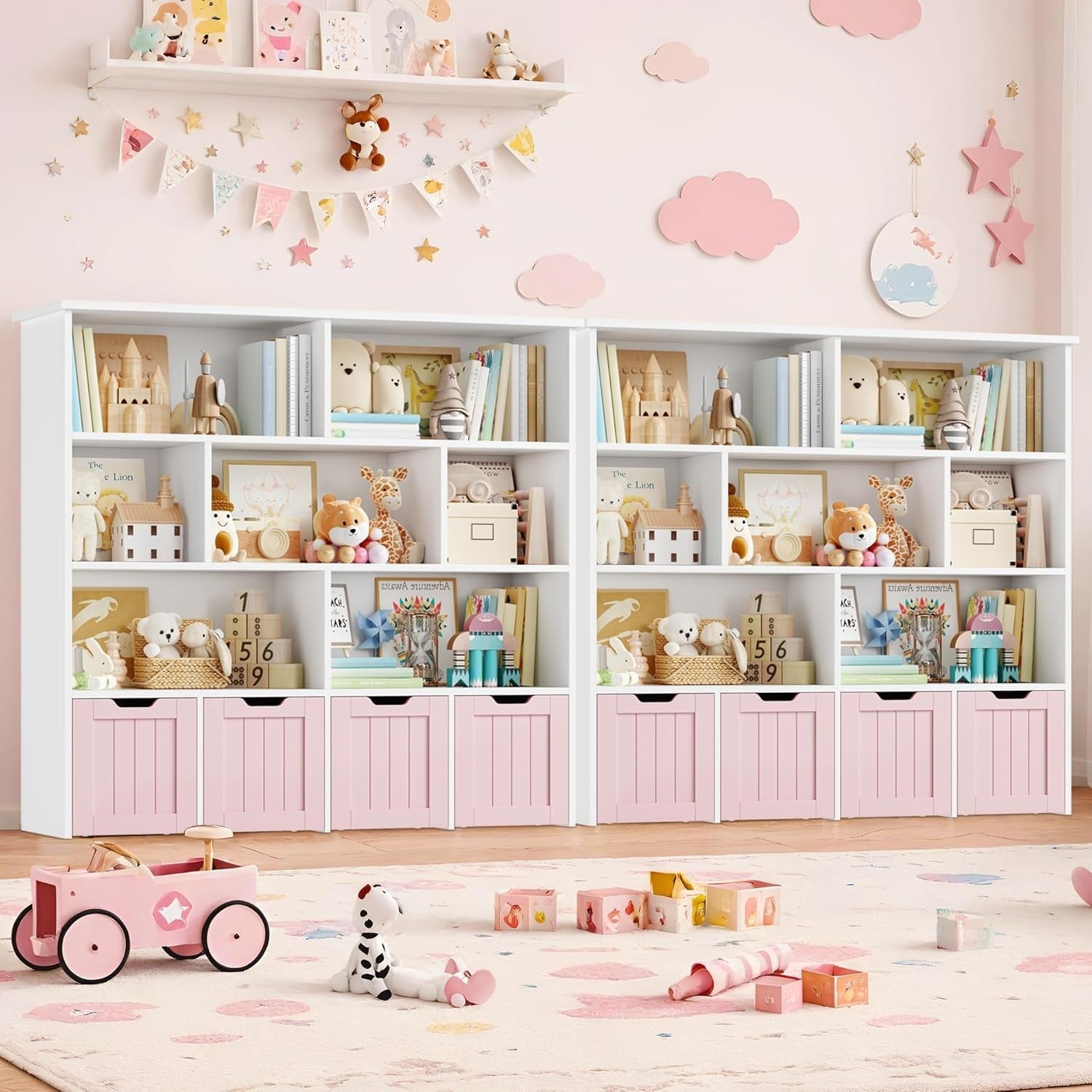 Kids Toy Storage Unit with 7 Shelves & 4 Drawers on Wheels – Pink+White Organize