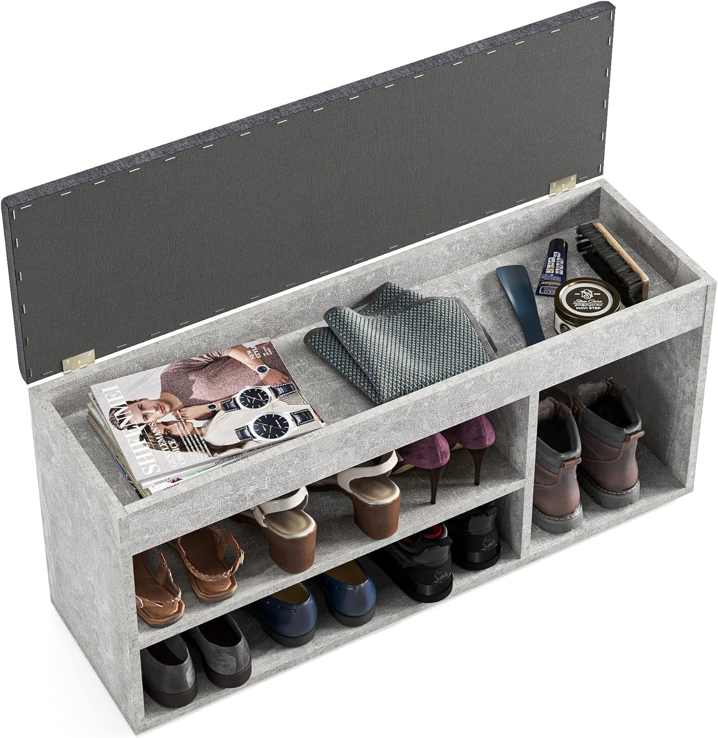 Concrete Shoe Storage Bench with Cushion Hidden Compartment Entryway Seat